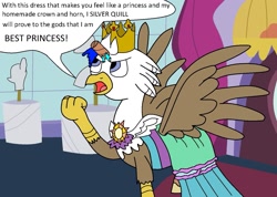 Size: 1343x955 | Tagged: safe, artist:eagc7, imported from derpibooru, oc, oc only, oc:silver quill, best princess, burger king crown, clothes, crossdressing, crown, dialogue, dress, jewelry, paper roll, princess, regalia, tape, text, toilet paper roll, toilet paper roll horn