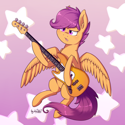 Size: 2000x2000 | Tagged: safe, artist:dsp2003, imported from derpibooru, scootaloo, pegasus, pony, bass guitar, commission, female, guitar, high res, musical instrument, open mouth, sad, scootabass, simple background, solo, stars