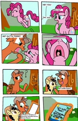 Size: 1192x1846 | Tagged: safe, artist:eagc7, imported from derpibooru, pinkie pie, oc, oc:curly fries, pony, bald, comic, confused, dialogue, jumping, magic, nose in the air, paper, parody, scared, screaming, spongebob squarepants, text, that's no lady, tree, yelling