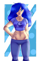 Size: 2000x3000 | Tagged: safe, artist:rdstartie, imported from derpibooru, princess luna, human, belly button, clothes, female, humanized, midriff, pants, short shirt, solo