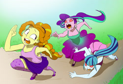 Size: 3669x2520 | Tagged: safe, artist:doublewbrothers, derpibooru exclusive, imported from derpibooru, adagio dazzle, aria blaze, sonata dusk, zombie, equestria girls, rainbow rocks, 28 days later, alternate clothes, alternate costumes, chase, clothes, commission, dress, drool, infection, rage, rage virus, running, skirt, tanktop, the dazzlings