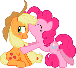 Size: 1344x1200 | Tagged: safe, artist:storfulsten, imported from derpibooru, applejack, pinkie pie, applepie, blushing, female, forehead kiss, lesbian, shipping, simple background, transparent background