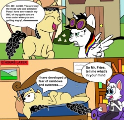 Size: 908x880 | Tagged: safe, artist:eagc7, imported from derpibooru, oc, oc only, oc:curly fries, oc:dr. wolf, oc:lightning bliss, alicorn, pony, unicorn, wolf, angry, berserk button, bush, chair, comic, couch, cute, dialogue, female, flower, goggles, hat, i'm not cute, male, mare, ocbetes, stallion, text, traumatized
