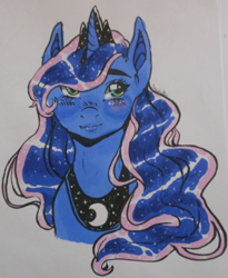 Size: 1820x2216 | Tagged: safe, artist:toybites, imported from derpibooru, princess luna, blushing, bust, female, looking at you, portrait, simple background, solo, traditional art