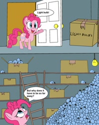 Size: 798x1001 | Tagged: safe, artist:eagc7, imported from derpibooru, pinkie pie, earth pony, pony, box, boxes, comic, dialogue, door, female, ladder, light bulb, light bulbs, lightbulb, mare, new student starfish, parody, solo, speech bubble, spongebob squarepants