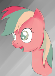 Size: 599x818 | Tagged: safe, artist:itsthinking, imported from derpibooru, rainbow dash, pegasus, pony, bust, female, gradient background, gray background, limited palette, mare, open mouth, portrait, simple background, smiling, solo