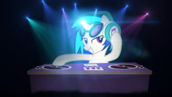 Size: 1920x1080 | Tagged: safe, artist:templarhappy, artist:tsabak, imported from derpibooru, dj pon-3, vinyl scratch, pony, unicorn, female, grin, headphones, hooves, horn, lens flare, lights, mare, mixing console, smiling, solo, sunglasses, teeth, turntable, vector, wallpaper