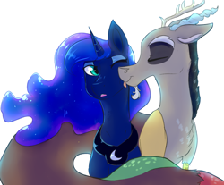 Size: 2300x1900 | Tagged: dead source, safe, artist:shiny-cooler, imported from derpibooru, discord, princess luna, face licking, female, licking, lunacord, male, shipping, simple background, straight, tongue out, white background