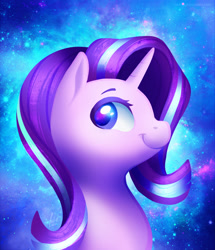 Size: 1336x1553 | Tagged: safe, artist:nekiw, imported from derpibooru, starlight glimmer, pony, unicorn, bust, cute, female, glimmerbetes, looking back, portrait, profile, smiling, solo, space background