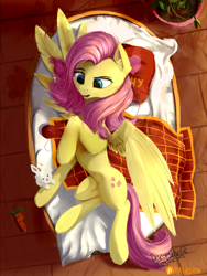 Size: 800x1066 | Tagged: safe, artist:discordthege, imported from derpibooru, angel bunny, fluttershy, pegasus, pony, aerial view, bed, blanket, carrot, cute, duo, female, food, mare, open mouth, patreon, pillow, plant, shyabetes, signature, yarn, yarn ball