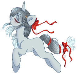 Size: 2319x2283 | Tagged: safe, artist:hawthornss, imported from derpibooru, oc, oc only, oc:marionette strings, pony, unicorn, blushing, eyes closed, hair accessory, hair ribbon, simple background, smiling, solo, transparent background