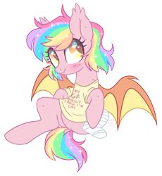 Size: 2250x2443 | Tagged: safe, artist:hawthornss, imported from derpibooru, oc, oc only, oc:paper stars, bat pony, pony, amputee, bandage, bat pony oc, blatant lies, blushing, clothes, cute, dock, ear fluff, female, glitterstars, implied lesbian, mare, missing limb, moonsugar is trying to kill us, scrunchy face, shirt, simple background, sitting, solo, spread wings, stump, sweat, transparent background, weapons-grade cute