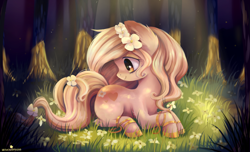 Size: 1024x621 | Tagged: safe, artist:verawitch, deleted from derpibooru, imported from derpibooru, oc, oc only, oc:fawn, earth pony, pony, female, flower, forest, grass, mare, prone, solo