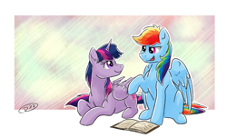 Size: 3000x1824 | Tagged: safe, artist:ruushiicz, imported from derpibooru, rainbow dash, twilight sparkle, alicorn, pony, book, female, lesbian, looking at each other, prone, raised hoof, shipping, signature, smiling, twidash, twilight sparkle (alicorn)