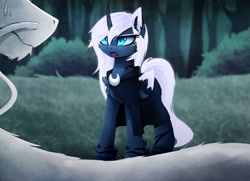 Size: 2480x1792 | Tagged: safe, artist:magnaluna, imported from derpibooru, princess luna, oc, oc:zefiroth, alicorn, dragon, pony, alternate universe, canon x oc, cloak, clothes, cute little fangs, fangs, open mouth, shipping