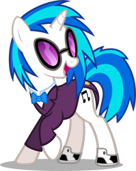 Size: 1034x1300 | Tagged: safe, artist:zacatron94, imported from derpibooru, dj pon-3, vinyl scratch, pony, clothes, commission, female, open mouth, raised hoof, shoes, simple background, smiling, sneakers, solo, suit, sunglasses, transparent background