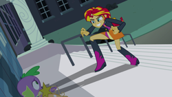 Size: 1920x1080 | Tagged: safe, imported from derpibooru, screencap, spike, sunset shimmer, dog, equestria girls, equestria girls (movie), >rape, big crown thingy, boots, clothes, crown, element of magic, evil grin, grin, high heel boots, jacket, jewelry, leather jacket, regalia, scared, skirt, smiling, spike the dog