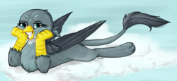 Size: 1280x591 | Tagged: safe, artist:farcuf, imported from derpibooru, gabby, griffon, cloud, female, grin, hands on cheeks, lidded eyes, looking at you, lying down, signature, smiling, solo, wings