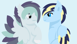 Size: 1024x589 | Tagged: safe, artist:brigth-doddles99, imported from derpibooru, oc, oc only, oc:lightning bolt, pegasus, pony, looking at each other, offspring, parent:rainbow dash, parent:soarin', parent:thunderlane, parents:soarindash, parents:thunderdash