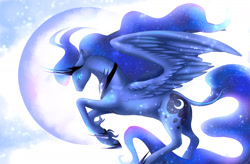 Size: 2000x1314 | Tagged: safe, artist:nekiw, imported from derpibooru, princess luna, alicorn, pony, cloven hooves, curved horn, female, flying, moon, night, solo, unshorn fetlocks