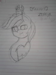 Size: 2576x1932 | Tagged: safe, imported from derpibooru, oc, oc only, oc:zephyr, fanart, lined paper, monochrome, traditional art