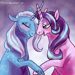 Size: 900x900 | Tagged: safe, artist:gloriaus, imported from derpibooru, starlight glimmer, trixie, classical unicorn, pony, unicorn, blushing, cloven hooves, curved horn, eyes closed, facial hair, female, floppy ears, goatee, heart, leonine tail, lesbian, lidded eyes, open mouth, shipping, smiling, sparkles, startrix, unshorn fetlocks, watermark