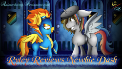 Size: 1024x576 | Tagged: safe, artist:animechristy, imported from derpibooru, spitfire, oc, alicorn, pegasus, pony, newbie dash, alicorn oc, clothes, duo, grin, looking at each other, male, multicolored hair, nervous, nervous grin, smiling, stallion, title card, unamused, uniform, wonderbolts uniform