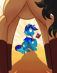Size: 2480x3164 | Tagged: safe, artist:yulyeen, imported from derpibooru, oc, oc only, oc:light shine, oc:terra, book, butt, clothes, for your eyes only, framed by legs, hoodie, levitation, magic, plot, rear view, surprised, telekinesis, terright