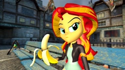 Size: 1280x720 | Tagged: safe, artist:oudieth, imported from derpibooru, sunset shimmer, equestria girls, 3d, banana, bench, clothes, female, food, gmod, looking at you, luigi, sitting