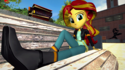 Size: 1600x900 | Tagged: safe, artist:oudieth, imported from derpibooru, sunset shimmer, equestria girls, 3d, bench, boots, clothes, cute, female, gmod, high heel boots, jacket, leather jacket, legs, looking at you, pants, sitting, smiling, solo