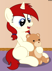 Size: 3705x5100 | Tagged: safe, artist:an-tonio, derpibooru exclusive, imported from derpibooru, oc, oc only, oc:silver draw, pony, unicorn, absurd resolution, cute, featured image, female, filly, freckles, hnnng, hoof hold, hug, ocbetes, open mouth, sitting, smiling, solo, teddy bear, weapons-grade cute, younger