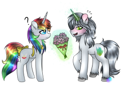 Size: 1024x712 | Tagged: safe, artist:northlights8, imported from derpibooru, oc, oc only, pony, unicorn, blushing, bouquet, duo, female, magic, male, mare, oc x oc, shipping, simple background, stallion, straight, telekinesis, transparent background