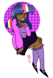 Size: 1024x1507 | Tagged: safe, artist:cubbybatdoodles, imported from derpibooru, twilight sparkle, human, abstract background, clothes, cute, dark skin, female, grin, humanized, pleated skirt, rainbow ponies, shoes, simple background, skirt, skirt pull, smiling, socks, solo, transparent background