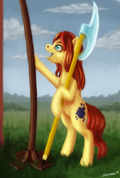 Size: 1214x1800 | Tagged: safe, artist:sa1ntmax, imported from derpibooru, oc, oc only, oc:maytee, earth pony, pony, bardiche, female, mare, open mouth, pencil, solo, weapon