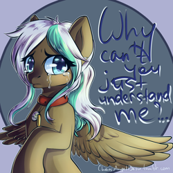 Size: 2000x2000 | Tagged: safe, artist:chaosangeldesu, imported from derpibooru, oc, oc only, oc:lynn, pegasus, pony, abstract background, collar, crying, female, mare, solo, spread wings