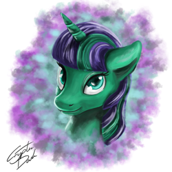 Size: 1024x1024 | Tagged: safe, artist:cryptic-dash, imported from derpibooru, oc, oc only, pony, unicorn, abstract background, bust, female, mare, portrait, simple background, solo, white background