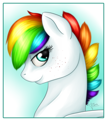 Size: 1500x1700 | Tagged: safe, artist:puggie, artist:renaphin, imported from derpibooru, oc, oc only, oc:drip drop, bust, freckles, portrait, rainbow hair, solo