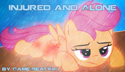 Size: 1837x1049 | Tagged: safe, artist:game-beatx14, artist:tgolyi, imported from derpibooru, scootaloo, blood, fanfic, fanfic art, female, fimfiction, fimfiction.net link, rain, solo, story in the source