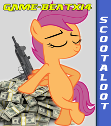 Size: 1750x2000 | Tagged: safe, artist:deadparrot22, artist:game-beatx14, imported from derpibooru, scootaloo, fanfic, fanfic art, female, fimfiction, fimfiction.net link, gun, money, solo, story in the source, weapon