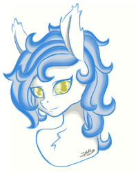 Size: 331x421 | Tagged: artist needed, safe, imported from derpibooru, oc, oc only, oc:frostfall, earth pony, pony, blue hair, bust, female, looking at you, mare, portrait, signature, solo, yellow eyes