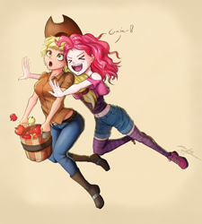 Size: 900x1000 | Tagged: safe, artist:the-park, imported from derpibooru, applejack, pinkie pie, human, pinkie apple pie, belly button, boots, clothes, cute, duo, hug, humanized, midriff, shoes, sneakers
