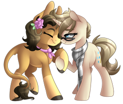 Size: 2030x1728 | Tagged: safe, artist:scarlet-spectrum, imported from derpibooru, oc, oc only, oc:ayla, oc:rosabelle, mule, pony, unicorn, clothes, commission, cute, eyes closed, female, flower, flower in hair, holding hooves, lesbian, mare, scarf, simple background, smiling, transparent background