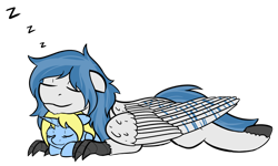 Size: 1280x769 | Tagged: safe, artist:mynder, imported from derpibooru, oc, oc only, oc:art's desire, oc:delta dart, hippogriff, pony, unicorn, cute, simple background, size difference, sleeping, talons, transparent background, zzz