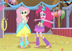 Size: 504x360 | Tagged: safe, artist:ktd1993, imported from derpibooru, fluttershy, pinkie pie, equestria girls, balloon, barn, boots, bracelet, confetti, cute, fall formal outfits, hat, high heel boots, jewelry, looking at you, pitchfork, streamers, top hat
