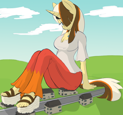 Size: 1280x1198 | Tagged: safe, artist:hgrobo, artist:mrrowboat, color edit, edit, imported from derpibooru, oc, oc only, oc:golden age, anthro, plantigrade anthro, building, clothes, colored, giantess, macro, pants, solo