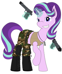 Size: 1024x1227 | Tagged: safe, artist:xphil1998, imported from derpibooru, starlight glimmer, pony, unicorn, clothes, command and conquer, crossover, dog tags, dual wield, female, glowing horn, gun, handgun, hooves, horn, levitation, magic, mare, pistol, ponified, raised hoof, red alert, red alert 3, simple background, smiling, solo, tanya adams, teeth, telekinesis, transparent background, weapon