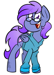 Size: 2155x3000 | Tagged: safe, artist:befishproductions, imported from derpibooru, oc, oc only, oc:strutter steps, pegasus, pony, clothes, female, glasses, high res, hoodie, mare, signature, simple background, solo, transparent background
