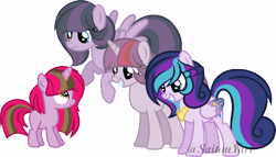Size: 800x458 | Tagged: safe, artist:t-aroutachiikun, imported from derpibooru, oc, oc only, oc:galaxy chronicle, oc:inertia, oc:lightyear sparkle, oc:princess estelle, pegasus, pony, unicorn, base used, cousins, female, filly, mare, offspring, parent:doctor whooves, parent:princess cadance, parent:shining armor, parent:twilight sparkle, parents:doctwi, parents:shiningcadance, simple background, sisters, transparent background