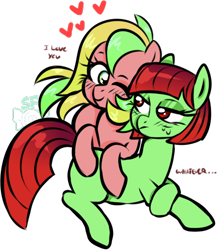 Size: 432x497 | Tagged: safe, artist:sugahfox, imported from derpibooru, oc, oc only, oc:cherry, oc:fizzy, earth pony, pony, blushing, female, heart, hug, mare, prone, simple background, transparent background