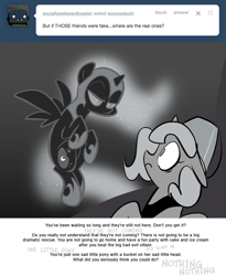 Size: 666x811 | Tagged: safe, artist:egophiliac, imported from derpibooru, nightmare moon, princess luna, moonstuck, ask, bucket, dark woona, filly, flying, grayscale, monochrome, nightmare woon, tumblr, woona, younger